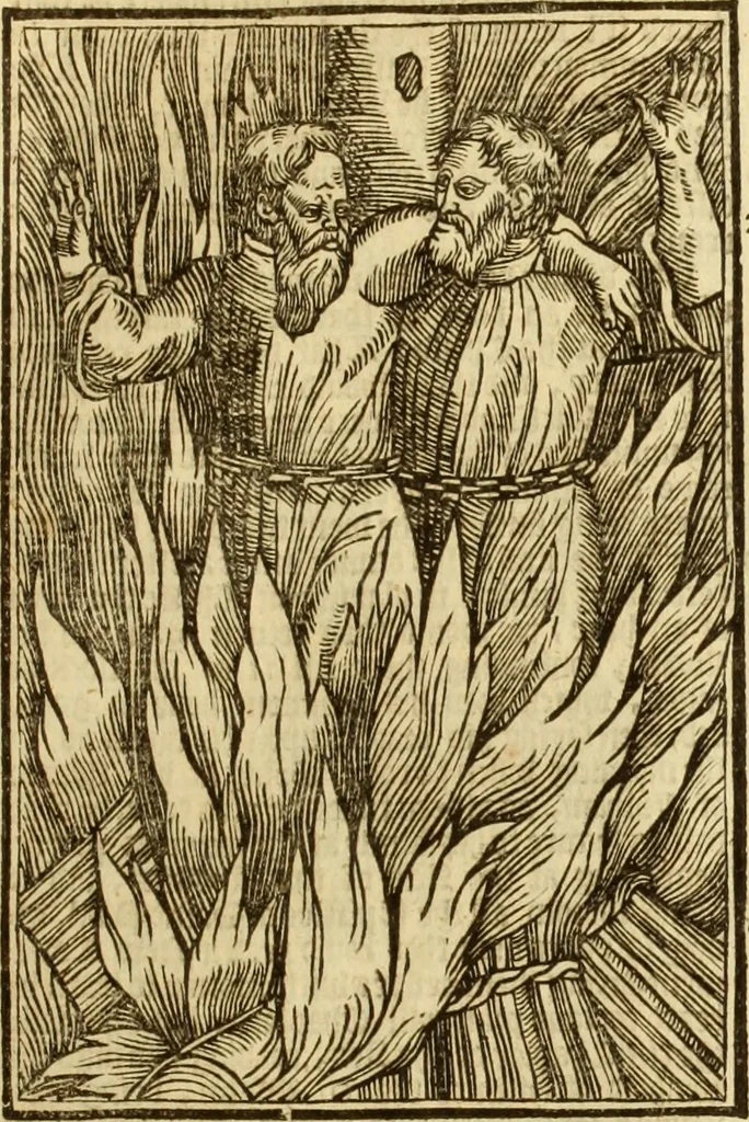 An illustration from The Ecclesiasticall historie : containing the Acts and monuments of martyrs, with a generall discourse of these later persecutions, horrible troubles and tumults, stirred up by Romish prelates in the Church: with divers other things incident, especially to this Realme of England and Scotland, as partly also to all other forraigne nations appertaining, from the time of Q. Maries entring upon the Crowne, to the reigne of our late gracious Soveraigne, Q. Elizabeth of blessed memorie, 1641, leaf 438