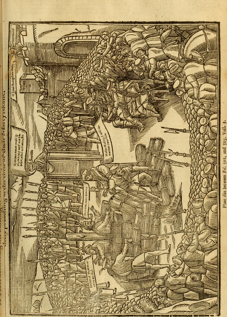An illustration from The Ecclesiasticall historie : containing the Acts and monuments of martyrs, with a generall discourse of these later persecutions, horrible troubles and tumults, stirred up by Romish prelates in the Church: with divers other things incident, especially to this Realme of England and Scotland, as partly also to all other forraigne nations appertaining, from the time of Q. Maries entring upon the Crowne, to the reigne of our late gracious Soveraigne, Q. Elizabeth of blessed memorie, 1641, leaf 510