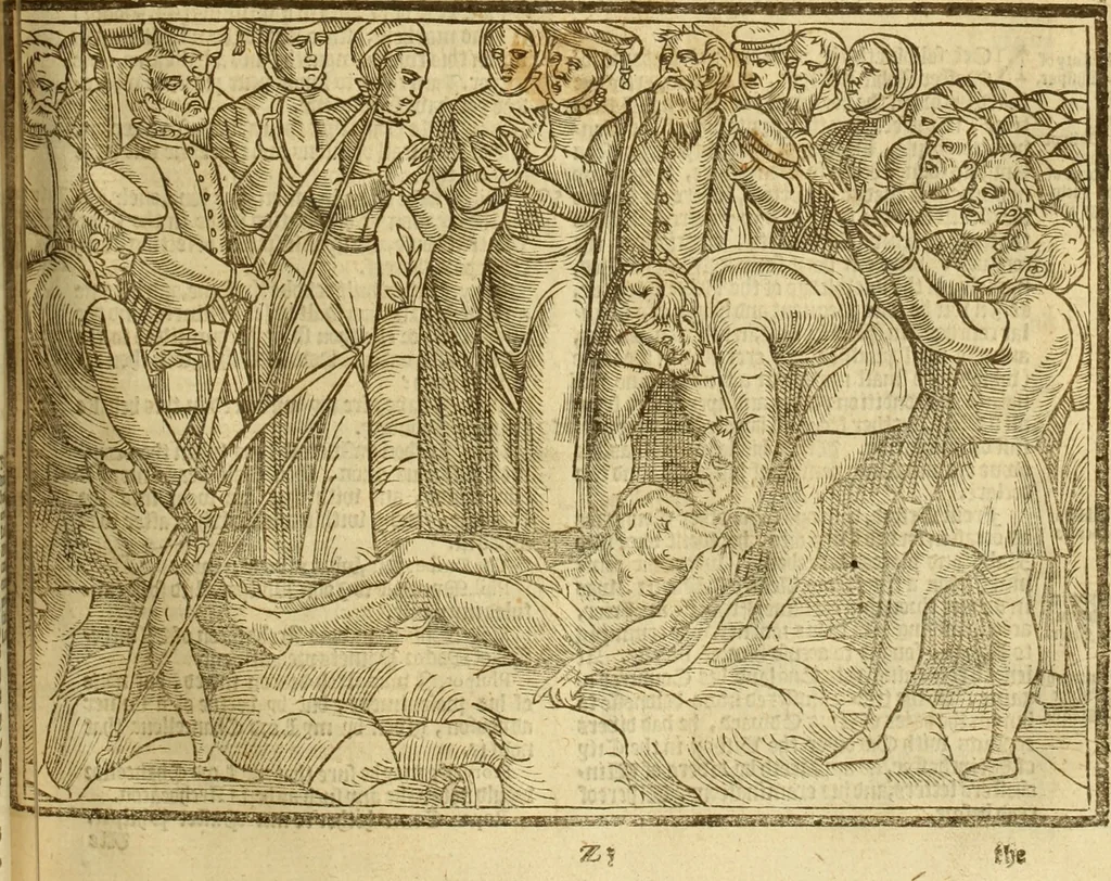 An illustration from The Ecclesiasticall historie : containing the Acts and monuments of martyrs, with a generall discourse of these later persecutions, horrible troubles and tumults, stirred up by Romish prelates in the Church: with divers other things incident, especially to this Realme of England and Scotland, as partly also to all other forraigne nations appertaining, from the time of Q. Maries entring upon the Crowne, to the reigne of our late gracious Soveraigne, Q. Elizabeth of blessed memorie, 1641, leaf 546