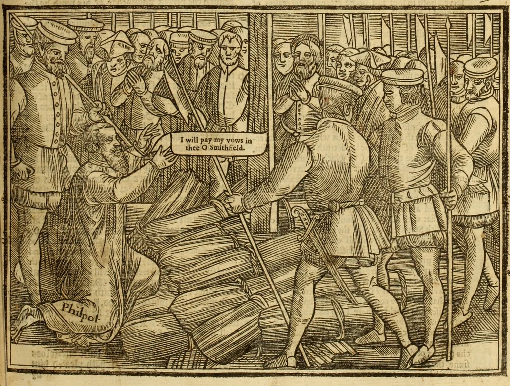 An illustration from The Ecclesiasticall historie : containing the Acts and monuments of martyrs, with a generall discourse of these later persecutions, horrible troubles and tumults, stirred up by Romish prelates in the Church: with divers other things incident, especially to this Realme of England and Scotland, as partly also to all other forraigne nations appertaining, from the time of Q. Maries entring upon the Crowne, to the reigne of our late gracious Soveraigne, Q. Elizabeth of blessed memorie, 1641, leaf 592