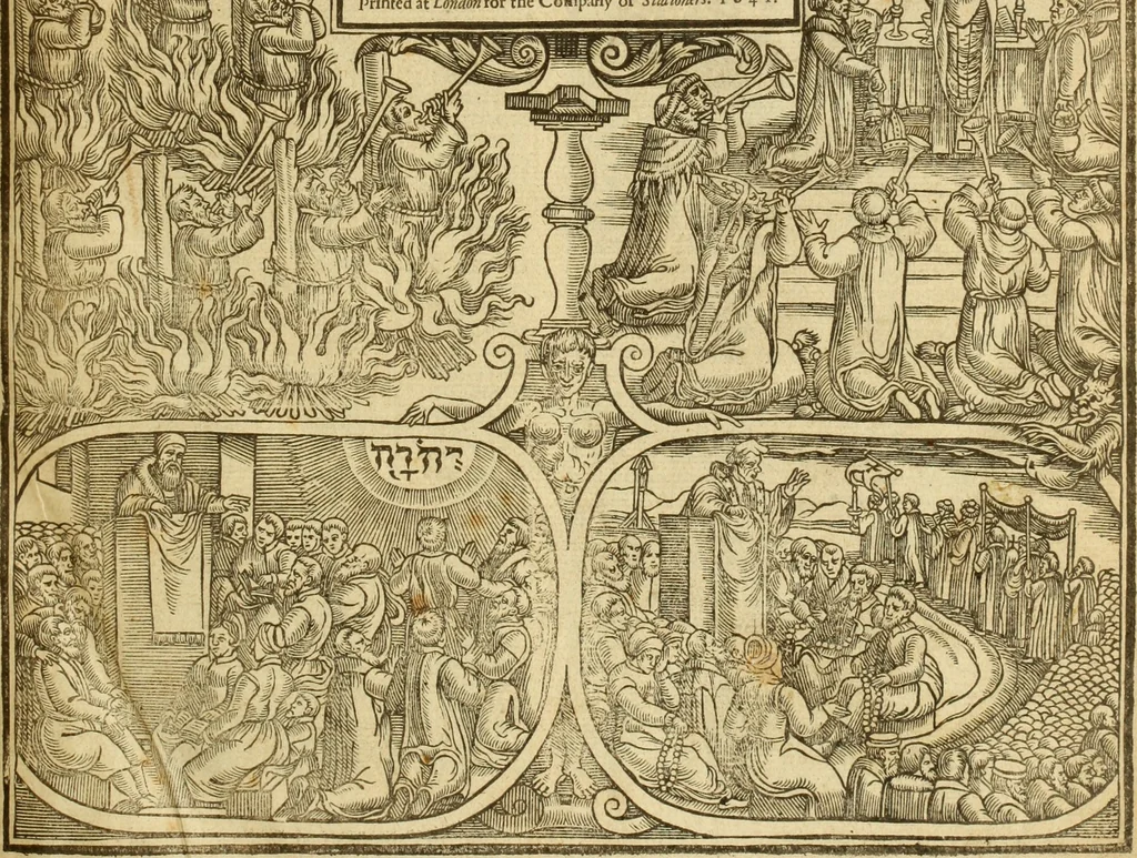 An illustration from The Ecclesiasticall historie : containing the Acts and monuments of martyrs, with a generall discourse of these later persecutions, horrible troubles and tumults, stirred up by Romish prelates in the Church: with divers other things incident, especially to this Realme of England and Scotland, as partly also to all other forraigne nations appertaining, from the time of Q. Maries entring upon the Crowne, to the reigne of our late gracious Soveraigne, Q. Elizabeth of blessed memorie, 1641, leaf 6