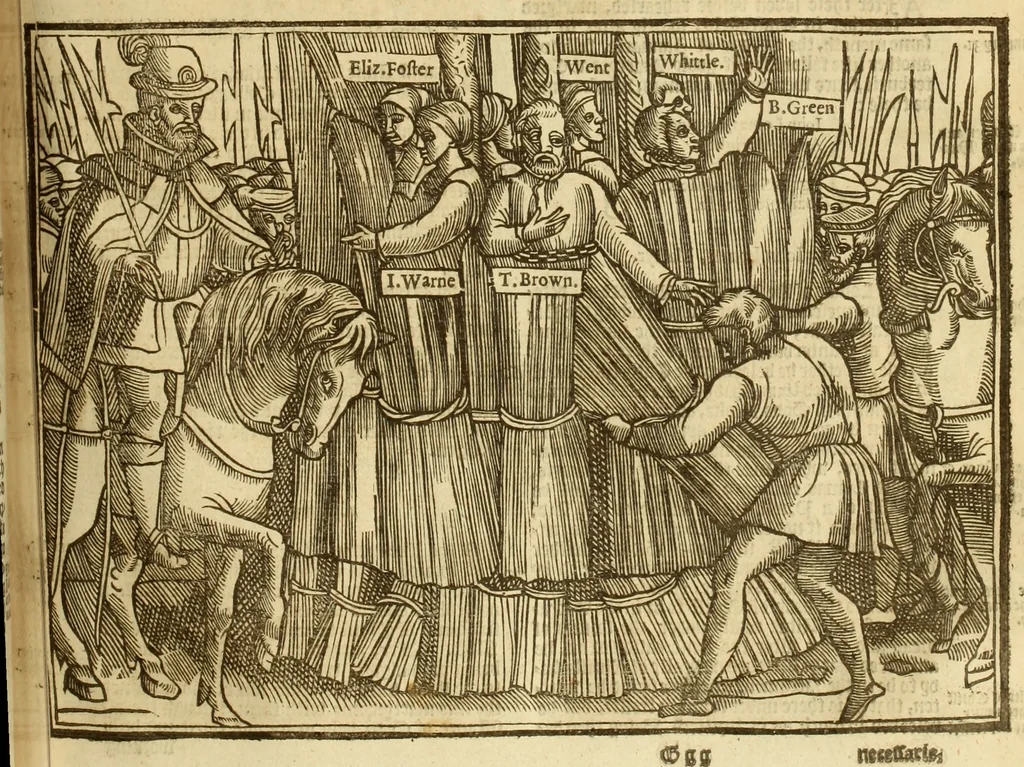 An illustration from The Ecclesiasticall historie : containing the Acts and monuments of martyrs, with a generall discourse of these later persecutions, horrible troubles and tumults, stirred up by Romish prelates in the Church: with divers other things incident, especially to this Realme of England and Scotland, as partly also to all other forraigne nations appertaining, from the time of Q. Maries entring upon the Crowne, to the reigne of our late gracious Soveraigne, Q. Elizabeth of blessed memorie, 1641, leaf 630