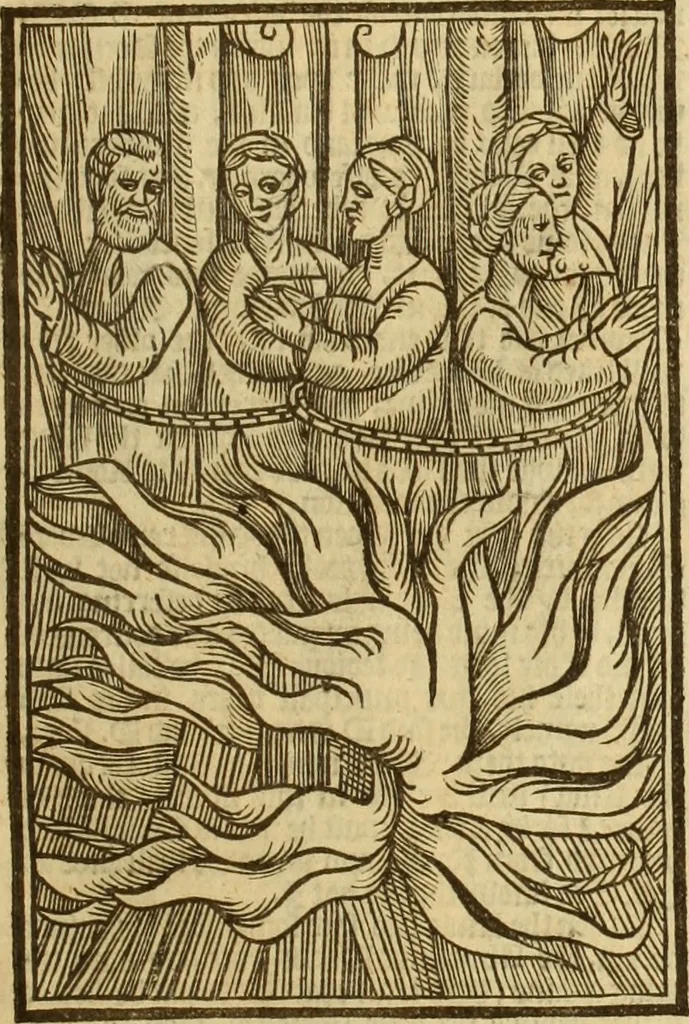 An illustration from The Ecclesiasticall historie : containing the Acts and monuments of martyrs, with a generall discourse of these later persecutions, horrible troubles and tumults, stirred up by Romish prelates in the Church: with divers other things incident, especially to this Realme of England and Scotland, as partly also to all other forraigne nations appertaining, from the time of Q. Maries entring upon the Crowne, to the reigne of our late gracious Soveraigne, Q. Elizabeth of blessed memorie, 1641, leaf 632