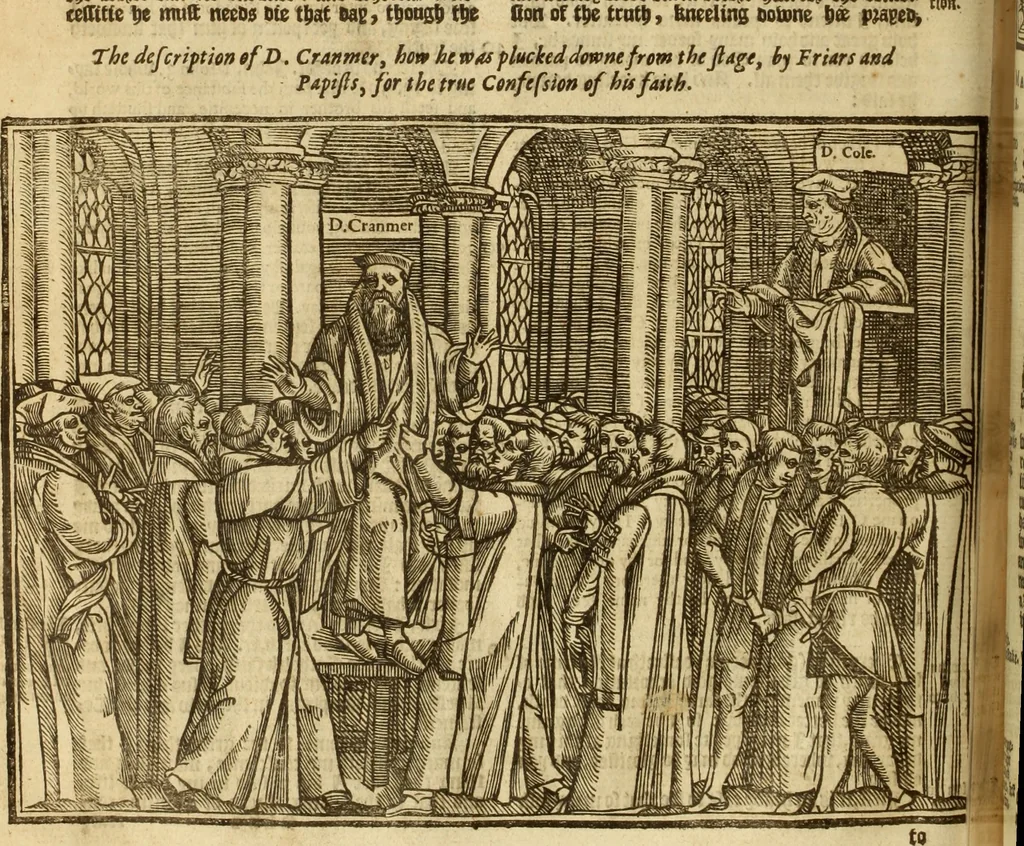 An illustration from The Ecclesiasticall historie : containing the Acts and monuments of martyrs, with a generall discourse of these later persecutions, horrible troubles and tumults, stirred up by Romish prelates in the Church: with divers other things incident, especially to this Realme of England and Scotland, as partly also to all other forraigne nations appertaining, from the time of Q. Maries entring upon the Crowne, to the reigne of our late gracious Soveraigne, Q. Elizabeth of blessed memorie, 1641, leaf 669