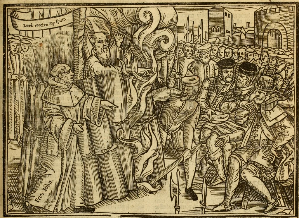An illustration from The Ecclesiasticall historie : containing the Acts and monuments of martyrs, with a generall discourse of these later persecutions, horrible troubles and tumults, stirred up by Romish prelates in the Church: with divers other things incident, especially to this Realme of England and Scotland, as partly also to all other forraigne nations appertaining, from the time of Q. Maries entring upon the Crowne, to the reigne of our late gracious Soveraigne, Q. Elizabeth of blessed memorie, 1641, leaf 670