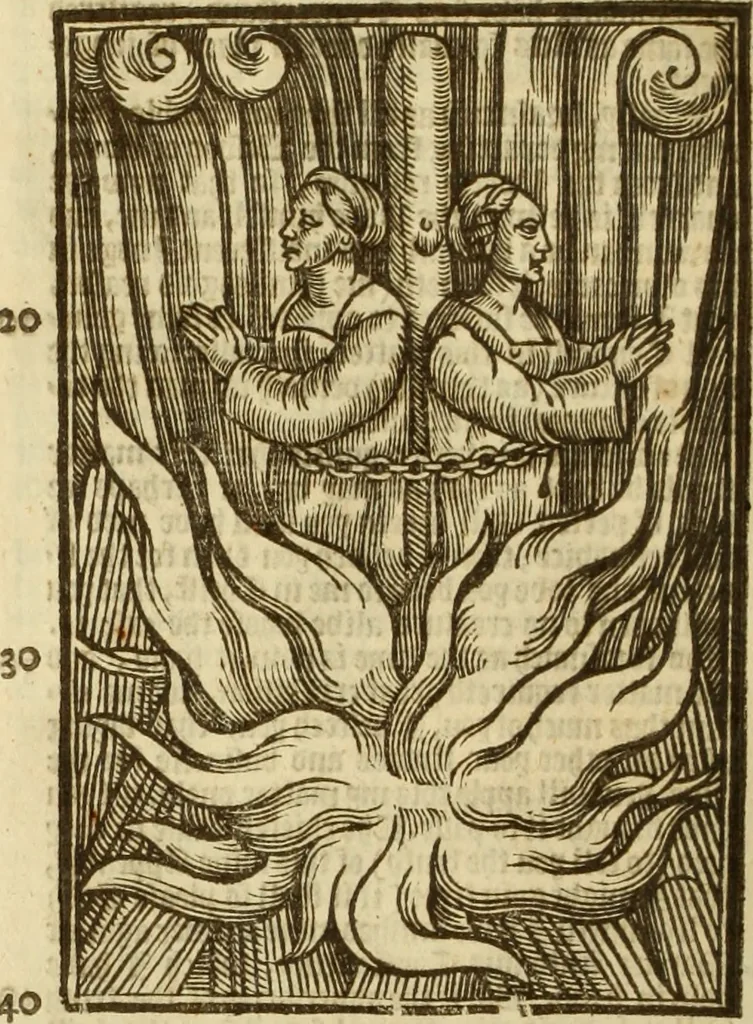 An illustration from The Ecclesiasticall historie : containing the Acts and monuments of martyrs, with a generall discourse of these later persecutions, horrible troubles and tumults, stirred up by Romish prelates in the Church: with divers other things incident, especially to this Realme of England and Scotland, as partly also to all other forraigne nations appertaining, from the time of Q. Maries entring upon the Crowne, to the reigne of our late gracious Soveraigne, Q. Elizabeth of blessed memorie, 1641, leaf 677