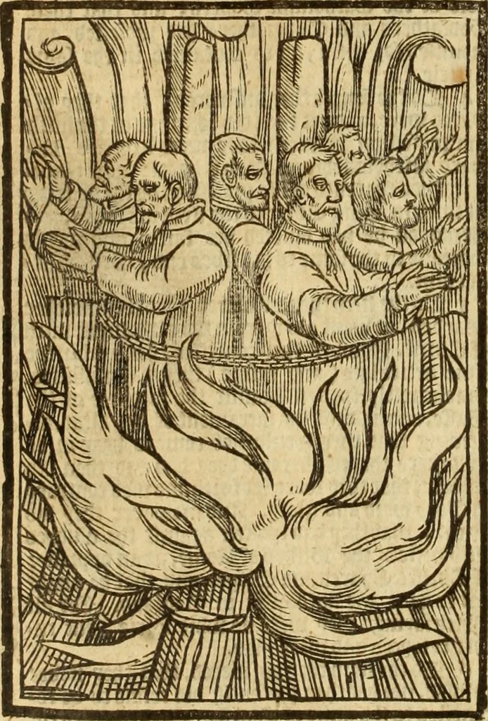 An illustration from The Ecclesiasticall historie : containing the Acts and monuments of martyrs, with a generall discourse of these later persecutions, horrible troubles and tumults, stirred up by Romish prelates in the Church: with divers other things incident, especially to this Realme of England and Scotland, as partly also to all other forraigne nations appertaining, from the time of Q. Maries entring upon the Crowne, to the reigne of our late gracious Soveraigne, Q. Elizabeth of blessed memorie, 1641, leaf 699