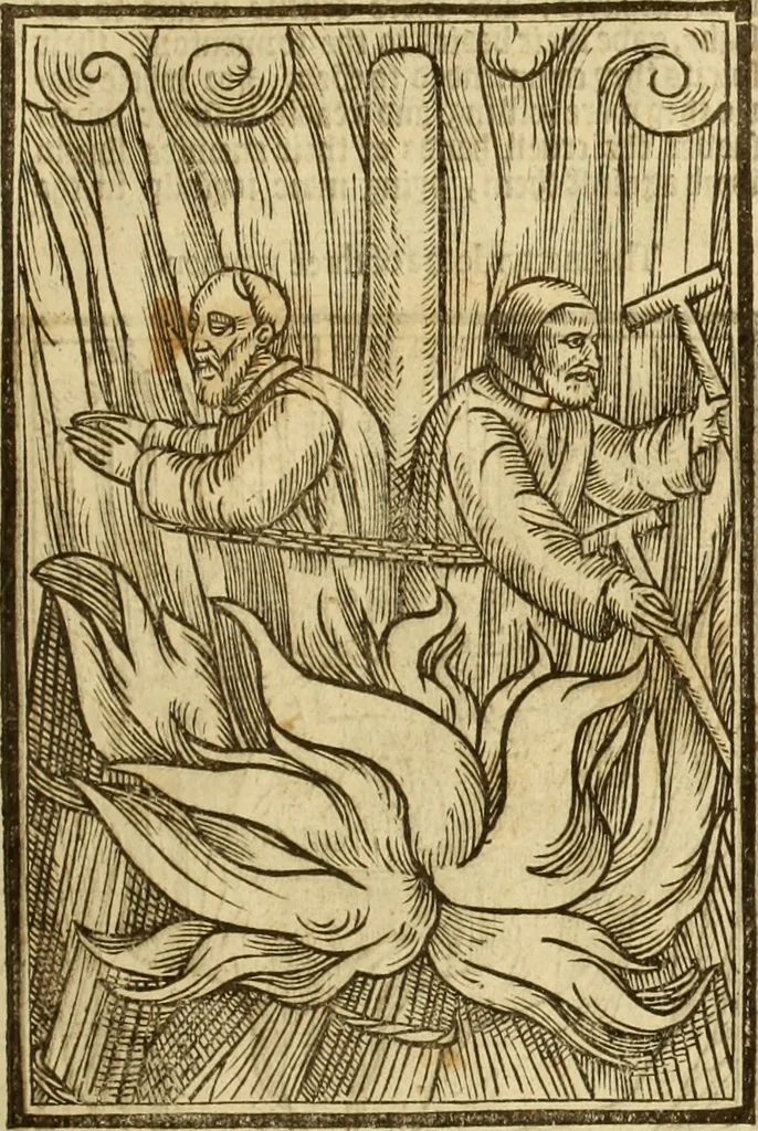 An illustration from The Ecclesiasticall historie : containing the Acts and monuments of martyrs, with a generall discourse of these later persecutions, horrible troubles and tumults, stirred up by Romish prelates in the Church: with divers other things incident, especially to this Realme of England and Scotland, as partly also to all other forraigne nations appertaining, from the time of Q. Maries entring upon the Crowne, to the reigne of our late gracious Soveraigne, Q. Elizabeth of blessed memorie, 1641, leaf 700