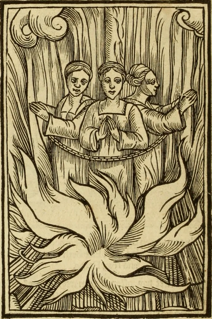 An illustration from The Ecclesiasticall historie : containing the Acts and monuments of martyrs, with a generall discourse of these later persecutions, horrible troubles and tumults, stirred up by Romish prelates in the Church: with divers other things incident, especially to this Realme of England and Scotland, as partly also to all other forraigne nations appertaining, from the time of Q. Maries entring upon the Crowne, to the reigne of our late gracious Soveraigne, Q. Elizabeth of blessed memorie, 1641, leaf 701