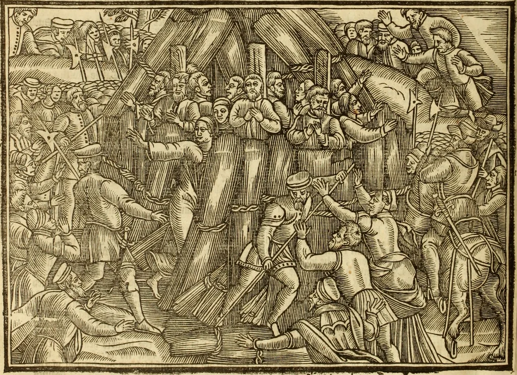 An illustration from The Ecclesiasticall historie : containing the Acts and monuments of martyrs, with a generall discourse of these later persecutions, horrible troubles and tumults, stirred up by Romish prelates in the Church: with divers other things incident, especially to this Realme of England and Scotland, as partly also to all other forraigne nations appertaining, from the time of Q. Maries entring upon the Crowne, to the reigne of our late gracious Soveraigne, Q. Elizabeth of blessed memorie, 1641, leaf 707
