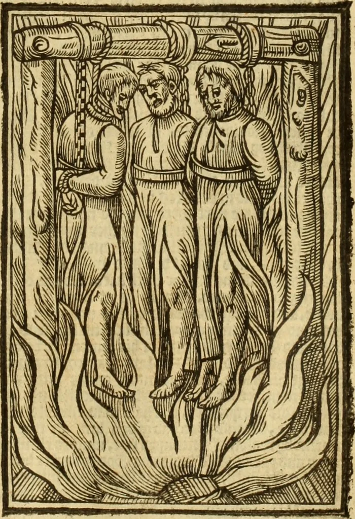 An illustration from The Ecclesiasticall historie : containing the Acts and monuments of martyrs, with a generall discourse of these later persecutions, horrible troubles and tumults, stirred up by Romish prelates in the Church: with divers other things incident, especially to this Realme of England and Scotland, as partly also to all other forraigne nations appertaining, from the time of Q. Maries entring upon the Crowne, to the reigne of our late gracious Soveraigne, Q. Elizabeth of blessed memorie, 1641, leaf 740