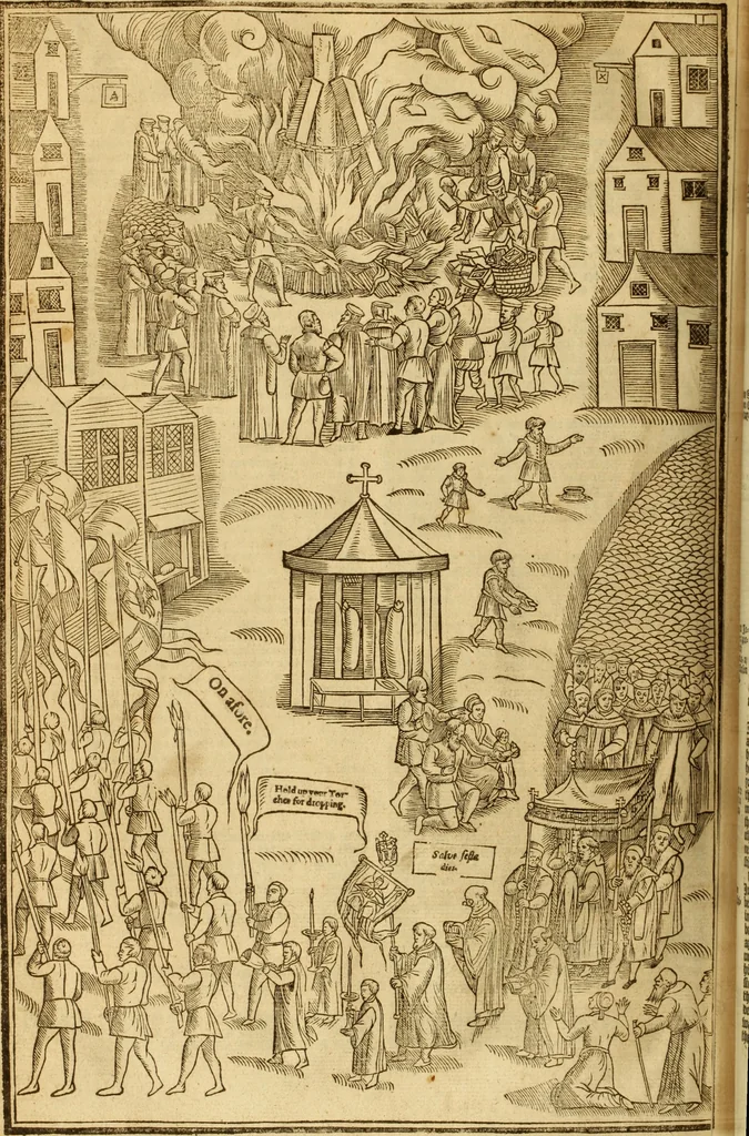 An illustration from The Ecclesiasticall historie : containing the Acts and monuments of martyrs, with a generall discourse of these later persecutions, horrible troubles and tumults, stirred up by Romish prelates in the Church: with divers other things incident, especially to this Realme of England and Scotland, as partly also to all other forraigne nations appertaining, from the time of Q. Maries entring upon the Crowne, to the reigne of our late gracious Soveraigne, Q. Elizabeth of blessed memorie, 1641, leaf 771
