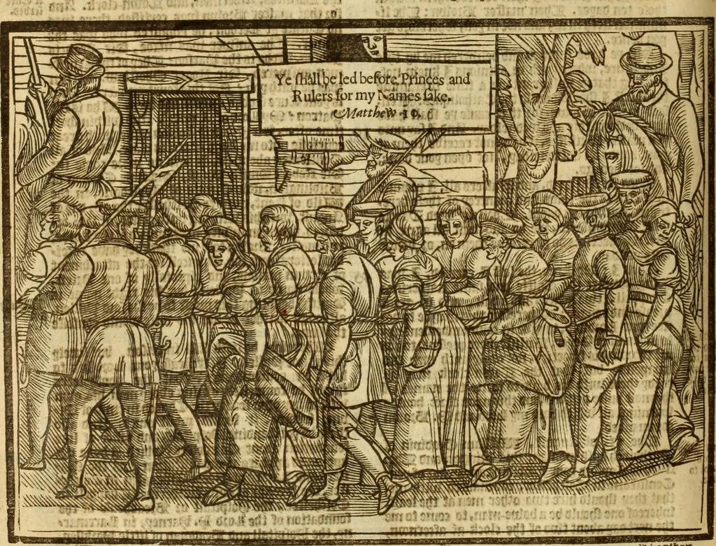 An illustration from The Ecclesiasticall historie : containing the Acts and monuments of martyrs, with a generall discourse of these later persecutions, horrible troubles and tumults, stirred up by Romish prelates in the Church: with divers other things incident, especially to this Realme of England and Scotland, as partly also to all other forraigne nations appertaining, from the time of Q. Maries entring upon the Crowne, to the reigne of our late gracious Soveraigne, Q. Elizabeth of blessed memorie, 1641, leaf 785