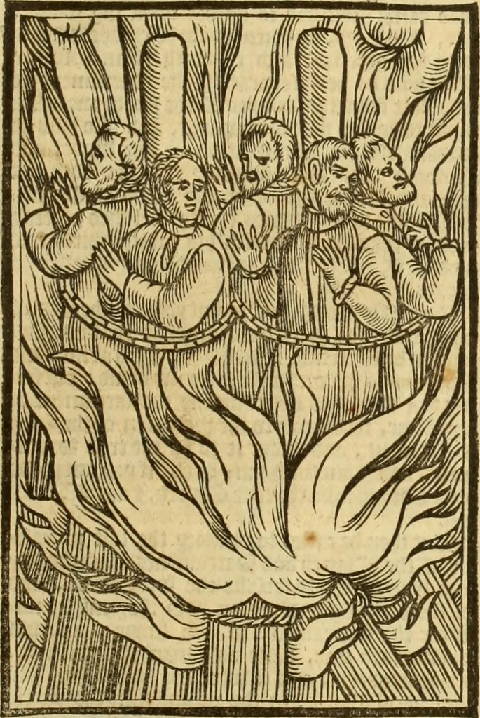 An illustration from The Ecclesiasticall historie : containing the Acts and monuments of martyrs, with a generall discourse of these later persecutions, horrible troubles and tumults, stirred up by Romish prelates in the Church: with divers other things incident, especially to this Realme of England and Scotland, as partly also to all other forraigne nations appertaining, from the time of Q. Maries entring upon the Crowne, to the reigne of our late gracious Soveraigne, Q. Elizabeth of blessed memorie, 1641, leaf 790