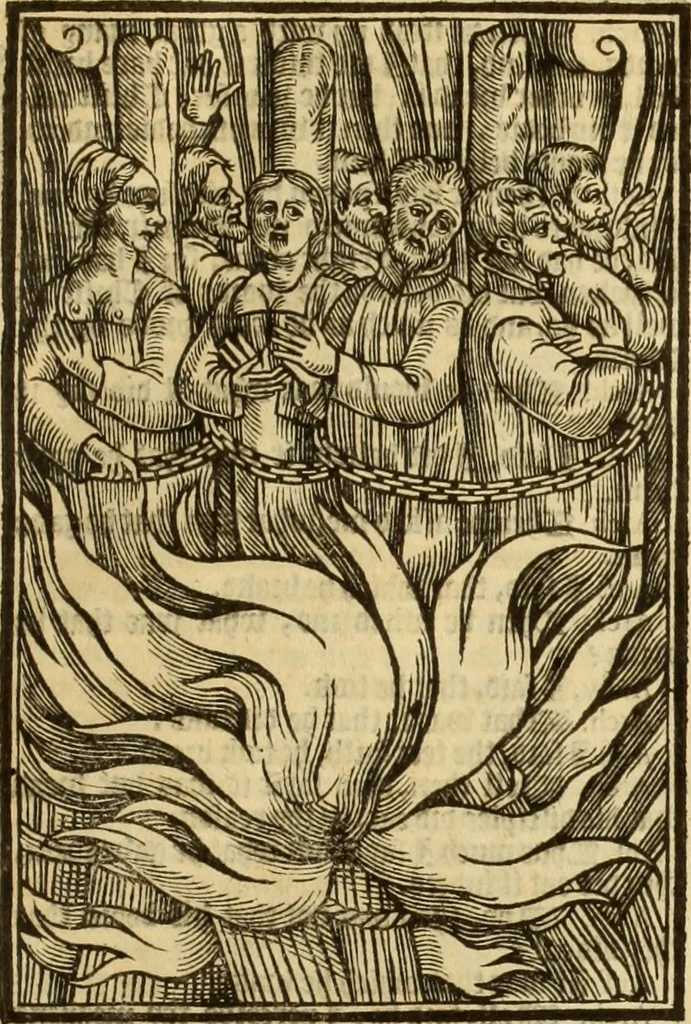 An illustration from The Ecclesiasticall historie : containing the Acts and monuments of martyrs, with a generall discourse of these later persecutions, horrible troubles and tumults, stirred up by Romish prelates in the Church: with divers other things incident, especially to this Realme of England and Scotland, as partly also to all other forraigne nations appertaining, from the time of Q. Maries entring upon the Crowne, to the reigne of our late gracious Soveraigne, Q. Elizabeth of blessed memorie, 1641, leaf 798