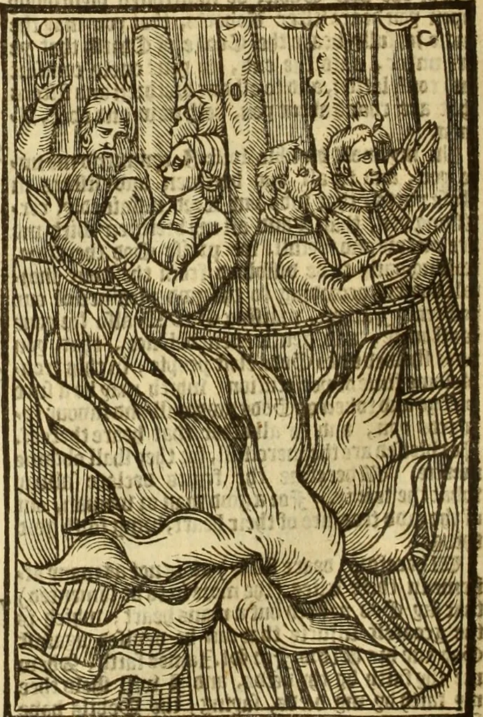An illustration from The Ecclesiasticall historie : containing the Acts and monuments of martyrs, with a generall discourse of these later persecutions, horrible troubles and tumults, stirred up by Romish prelates in the Church: with divers other things incident, especially to this Realme of England and Scotland, as partly also to all other forraigne nations appertaining, from the time of Q. Maries entring upon the Crowne, to the reigne of our late gracious Soveraigne, Q. Elizabeth of blessed memorie, 1641, leaf 827