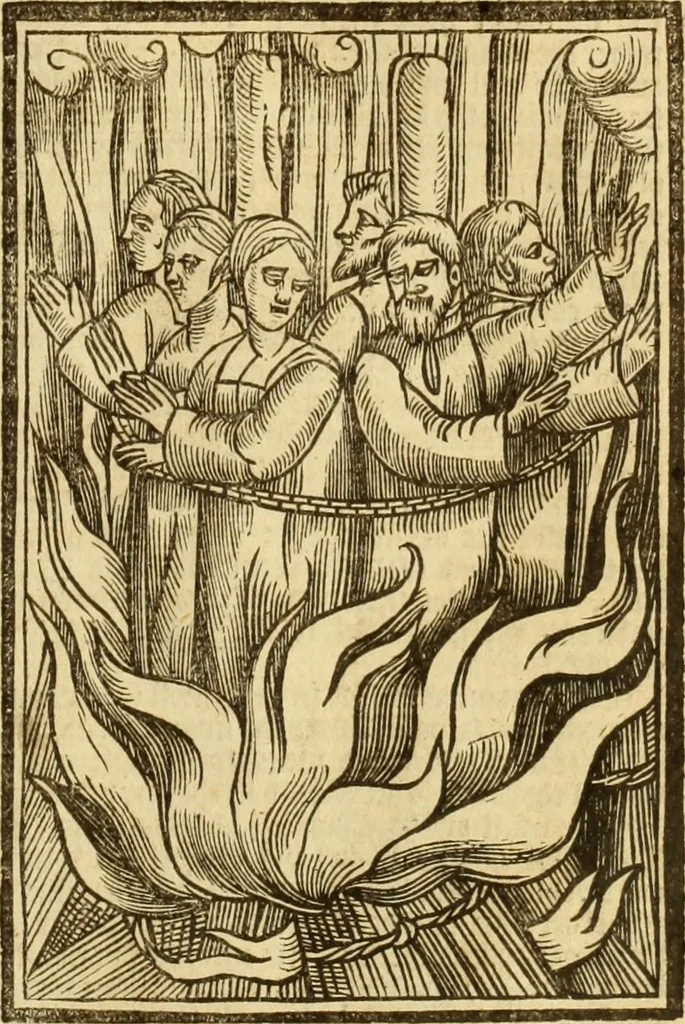 An illustration from The Ecclesiasticall historie : containing the Acts and monuments of martyrs, with a generall discourse of these later persecutions, horrible troubles and tumults, stirred up by Romish prelates in the Church: with divers other things incident, especially to this Realme of England and Scotland, as partly also to all other forraigne nations appertaining, from the time of Q. Maries entring upon the Crowne, to the reigne of our late gracious Soveraigne, Q. Elizabeth of blessed memorie, 1641, leaf 834