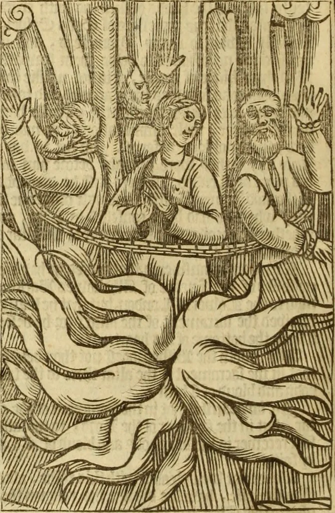 An illustration from The Ecclesiasticall historie : containing the Acts and monuments of martyrs, with a generall discourse of these later persecutions, horrible troubles and tumults, stirred up by Romish prelates in the Church: with divers other things incident, especially to this Realme of England and Scotland, as partly also to all other forraigne nations appertaining, from the time of Q. Maries entring upon the Crowne, to the reigne of our late gracious Soveraigne, Q. Elizabeth of blessed memorie, 1641, leaf 849