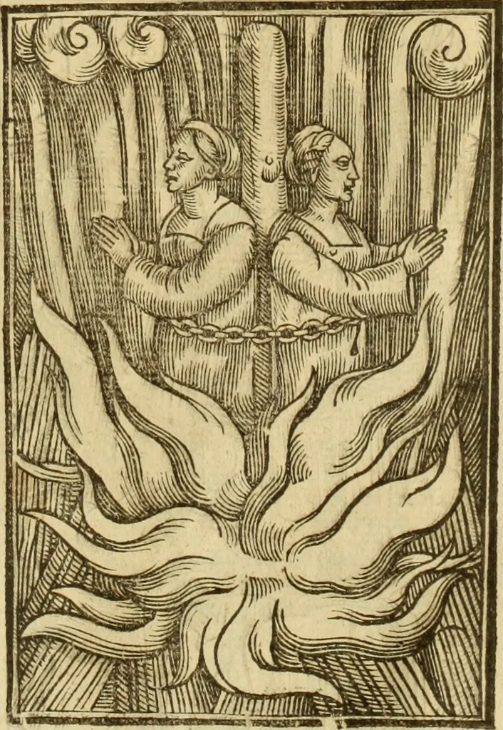 An illustration from The Ecclesiasticall historie : containing the Acts and monuments of martyrs, with a generall discourse of these later persecutions, horrible troubles and tumults, stirred up by Romish prelates in the Church: with divers other things incident, especially to this Realme of England and Scotland, as partly also to all other forraigne nations appertaining, from the time of Q. Maries entring upon the Crowne, to the reigne of our late gracious Soveraigne, Q. Elizabeth of blessed memorie, 1641, leaf 850