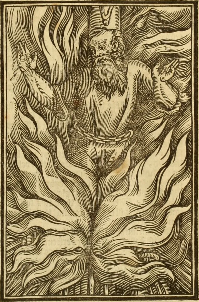 An illustration from The Ecclesiasticall historie : containing the Acts and monuments of martyrs, with a generall discourse of these later persecutions, horrible troubles and tumults, stirred up by Romish prelates in the Church: with divers other things incident, especially to this Realme of England and Scotland, as partly also to all other forraigne nations appertaining, from the time of Q. Maries entring upon the Crowne, to the reigne of our late gracious Soveraigne, Q. Elizabeth of blessed memorie, 1641, leaf 852