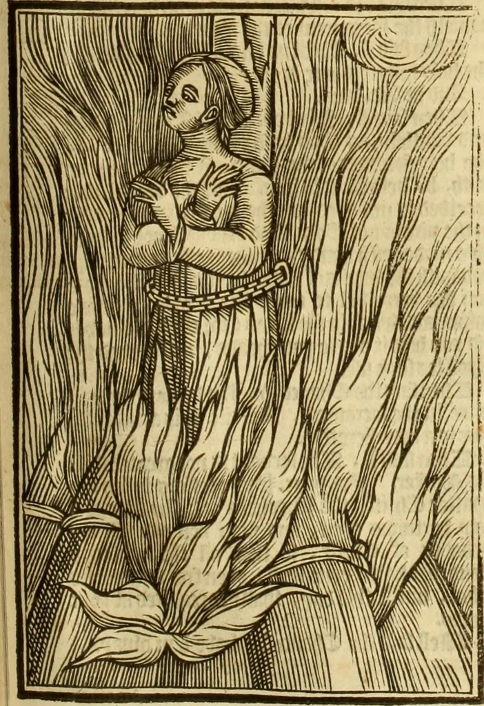 An illustration from The Ecclesiasticall historie : containing the Acts and monuments of martyrs, with a generall discourse of these later persecutions, horrible troubles and tumults, stirred up by Romish prelates in the Church: with divers other things incident, especially to this Realme of England and Scotland, as partly also to all other forraigne nations appertaining, from the time of Q. Maries entring upon the Crowne, to the reigne of our late gracious Soveraigne, Q. Elizabeth of blessed memorie, 1641, leaf 854