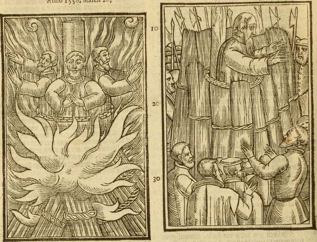 An illustration from The Ecclesiasticall historie : containing the Acts and monuments of martyrs, with a generall discourse of these later persecutions, horrible troubles and tumults, stirred up by Romish prelates in the Church: with divers other things incident, especially to this Realme of England and Scotland, as partly also to all other forraigne nations appertaining, from the time of Q. Maries entring upon the Crowne, to the reigne of our late gracious Soveraigne, Q. Elizabeth of blessed memorie, 1641, leaf 869