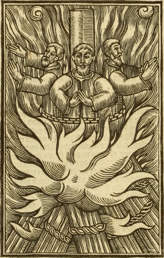 An illustration from The Ecclesiasticall historie : containing the Acts and monuments of martyrs, with a generall discourse of these later persecutions, horrible troubles and tumults, stirred up by Romish prelates in the Church: with divers other things incident, especially to this Realme of England and Scotland, as partly also to all other forraigne nations appertaining, from the time of Q. Maries entring upon the Crowne, to the reigne of our late gracious Soveraigne, Q. Elizabeth of blessed memorie, 1641, leaf 871