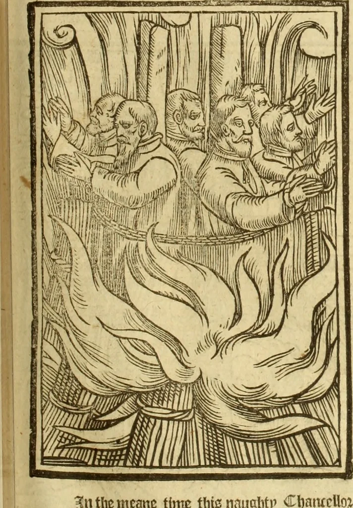 An illustration from The Ecclesiasticall historie : containing the Acts and monuments of martyrs, with a generall discourse of these later persecutions, horrible troubles and tumults, stirred up by Romish prelates in the Church: with divers other things incident, especially to this Realme of England and Scotland, as partly also to all other forraigne nations appertaining, from the time of Q. Maries entring upon the Crowne, to the reigne of our late gracious Soveraigne, Q. Elizabeth of blessed memorie, 1641, leaf 880