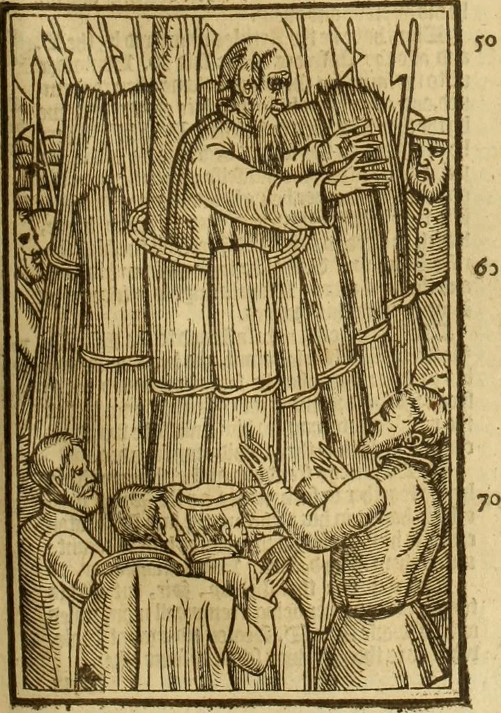 An illustration from The Ecclesiasticall historie : containing the Acts and monuments of martyrs, with a generall discourse of these later persecutions, horrible troubles and tumults, stirred up by Romish prelates in the Church: with divers other things incident, especially to this Realme of England and Scotland, as partly also to all other forraigne nations appertaining, from the time of Q. Maries entring upon the Crowne, to the reigne of our late gracious Soveraigne, Q. Elizabeth of blessed memorie, 1641, leaf 884