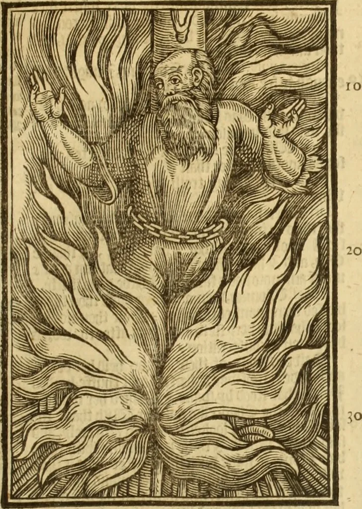 An illustration from The Ecclesiasticall historie : containing the Acts and monuments of martyrs, with a generall discourse of these later persecutions, horrible troubles and tumults, stirred up by Romish prelates in the Church: with divers other things incident, especially to this Realme of England and Scotland, as partly also to all other forraigne nations appertaining, from the time of Q. Maries entring upon the Crowne, to the reigne of our late gracious Soveraigne, Q. Elizabeth of blessed memorie, 1641, leaf 886