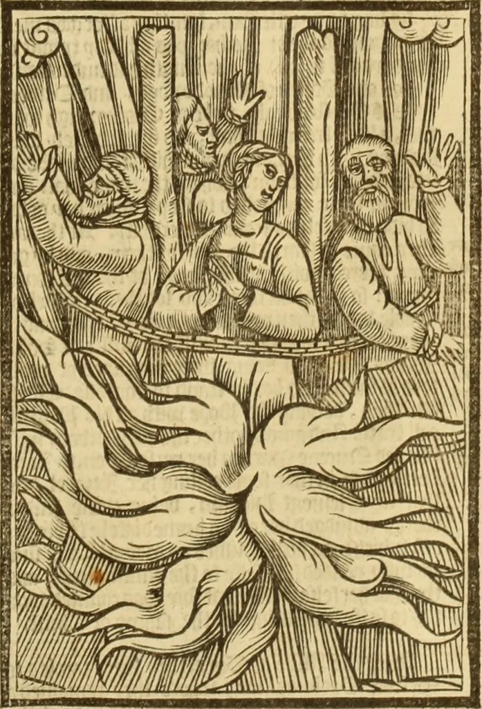 An illustration from The Ecclesiasticall historie : containing the Acts and monuments of martyrs, with a generall discourse of these later persecutions, horrible troubles and tumults, stirred up by Romish prelates in the Church: with divers other things incident, especially to this Realme of England and Scotland, as partly also to all other forraigne nations appertaining, from the time of Q. Maries entring upon the Crowne, to the reigne of our late gracious Soveraigne, Q. Elizabeth of blessed memorie, 1641, leaf 886