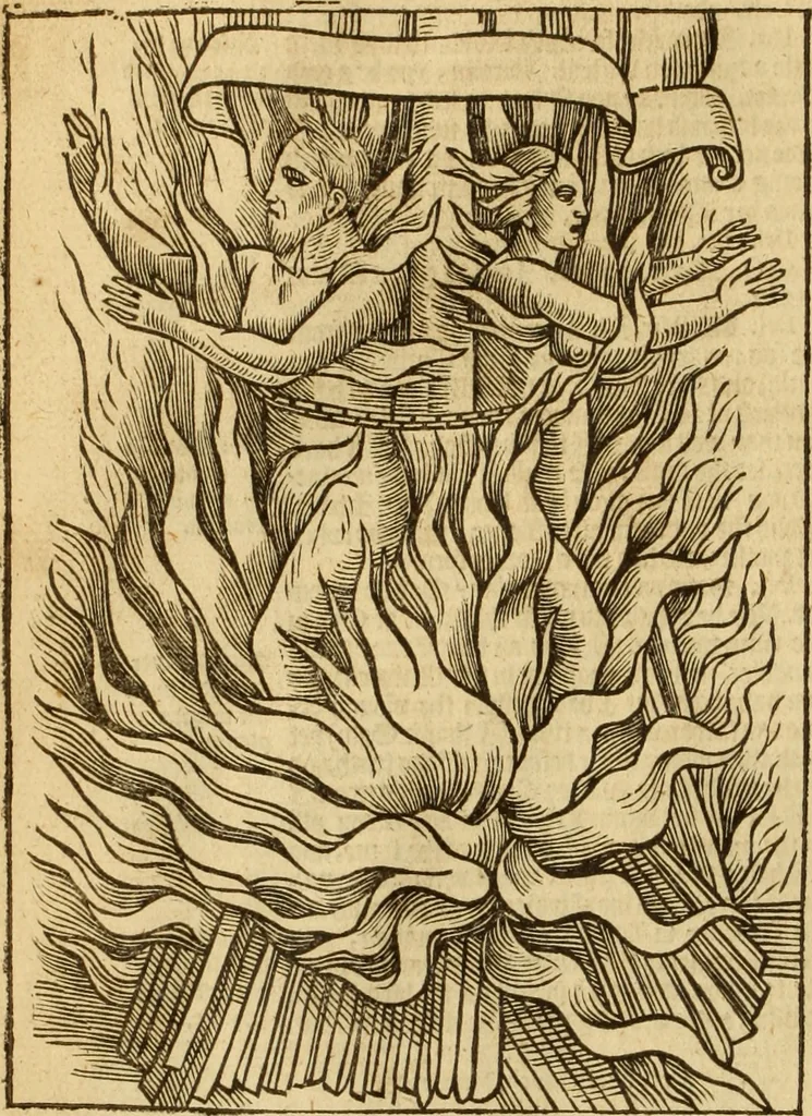 An illustration from The Ecclesiasticall historie : containing the Acts and monuments of martyrs, with a generall discourse of these later persecutions, horrible troubles and tumults, stirred up by Romish prelates in the Church: with divers other things incident, especially to this Realme of England and Scotland, as partly also to all other forraigne nations appertaining, from the time of Q. Maries entring upon the Crowne, to the reigne of our late gracious Soveraigne, Q. Elizabeth of blessed memorie, 1641, leaf 889