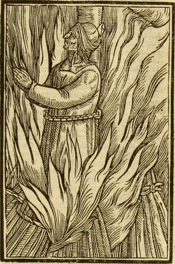 An illustration from The Ecclesiasticall historie : containing the Acts and monuments of martyrs, with a generall discourse of these later persecutions, horrible troubles and tumults, stirred up by Romish prelates in the Church: with divers other things incident, especially to this Realme of England and Scotland, as partly also to all other forraigne nations appertaining, from the time of Q. Maries entring upon the Crowne, to the reigne of our late gracious Soveraigne, Q. Elizabeth of blessed memorie, 1641, leaf 892