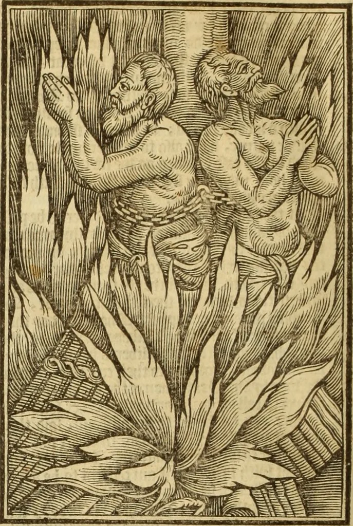 An illustration from The Ecclesiasticall historie : containing the Acts and monuments of martyrs, with a generall discourse of these later persecutions, horrible troubles and tumults, stirred up by Romish prelates in the Church: with divers other things incident, especially to this Realme of England and Scotland, as partly also to all other forraigne nations appertaining, from the time of Q. Maries entring upon the Crowne, to the reigne of our late gracious Soveraigne, Q. Elizabeth of blessed memorie, 1641, leaf 893