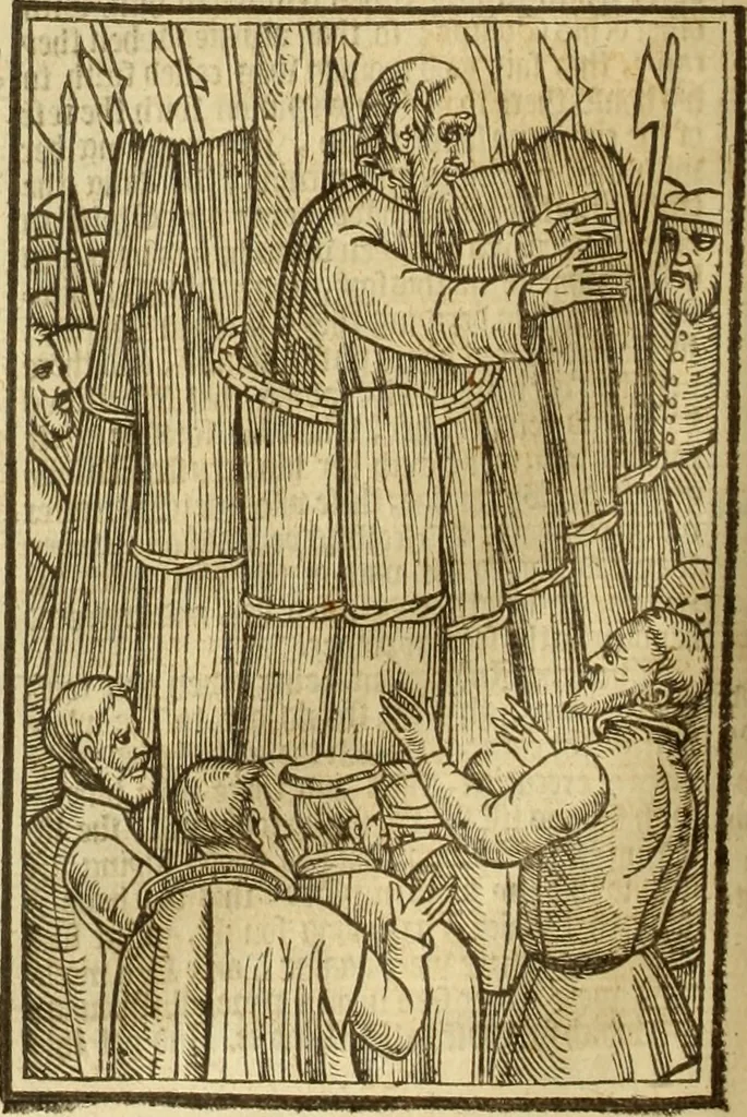 An illustration from The Ecclesiasticall historie : containing the Acts and monuments of martyrs, with a generall discourse of these later persecutions, horrible troubles and tumults, stirred up by Romish prelates in the Church: with divers other things incident, especially to this Realme of England and Scotland, as partly also to all other forraigne nations appertaining, from the time of Q. Maries entring upon the Crowne, to the reigne of our late gracious Soveraigne, Q. Elizabeth of blessed memorie, 1641, leaf 893