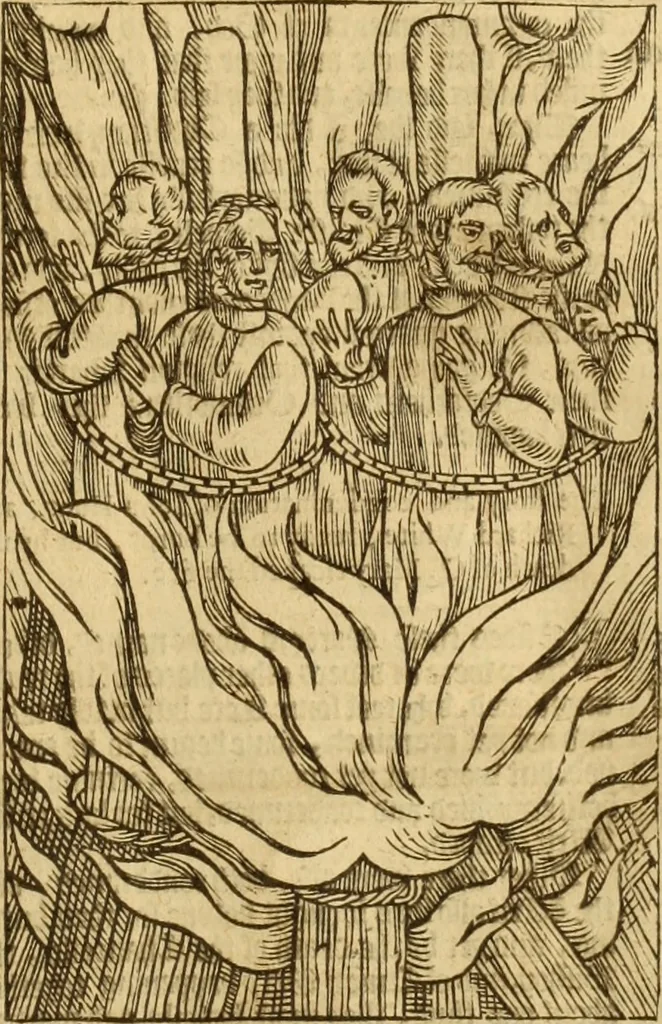 An illustration from The Ecclesiasticall historie : containing the Acts and monuments of martyrs, with a generall discourse of these later persecutions, horrible troubles and tumults, stirred up by Romish prelates in the Church: with divers other things incident, especially to this Realme of England and Scotland, as partly also to all other forraigne nations appertaining, from the time of Q. Maries entring upon the Crowne, to the reigne of our late gracious Soveraigne, Q. Elizabeth of blessed memorie, 1641, leaf 894