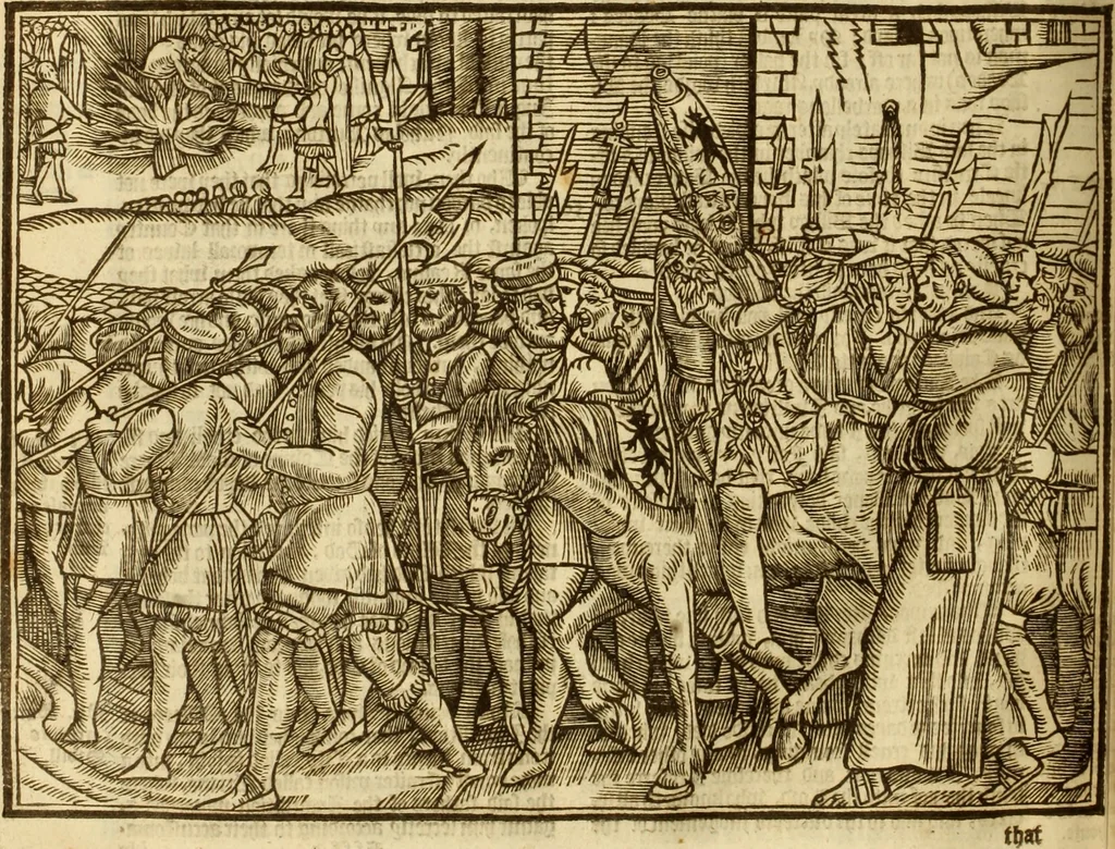 An illustration from The Ecclesiasticall historie : containing the Acts and monuments of martyrs, with a generall discourse of these later persecutions, horrible troubles and tumults, stirred up by Romish prelates in the Church: with divers other things incident, especially to this Realme of England and Scotland, as partly also to all other forraigne nations appertaining, from the time of Q. Maries entring upon the Crowne, to the reigne of our late gracious Soveraigne, Q. Elizabeth of blessed memorie, 1641, leaf 899