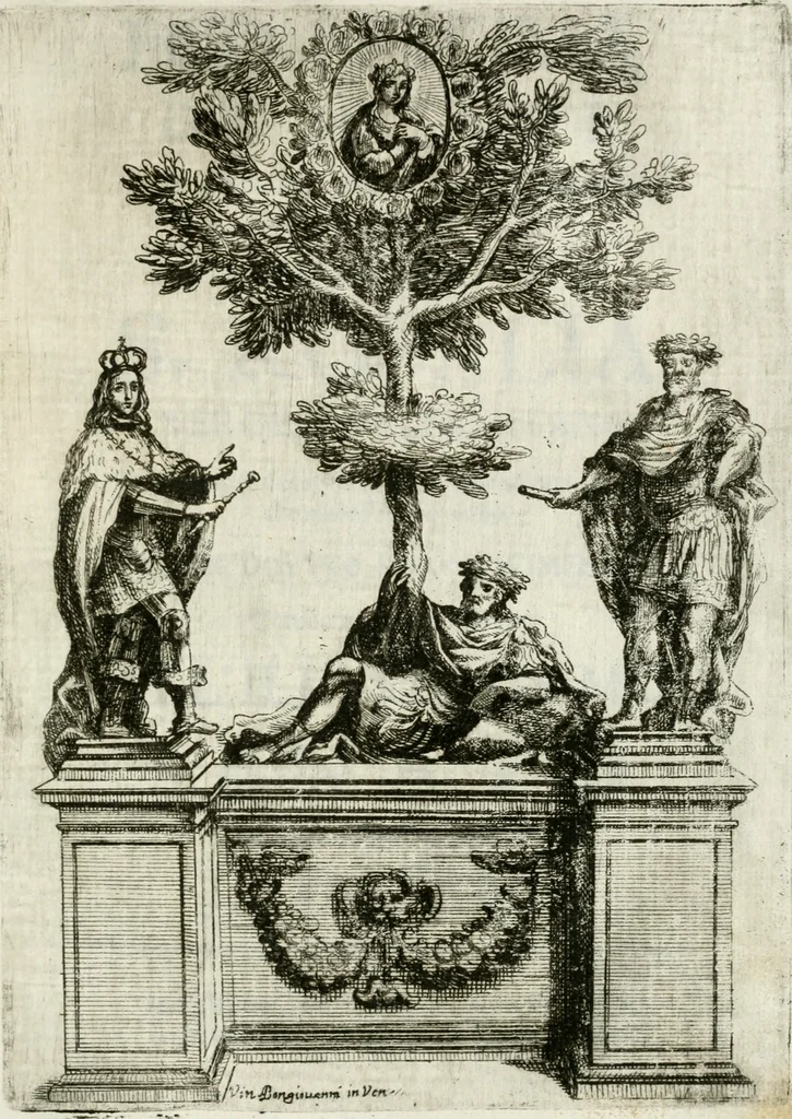 An illustration from Eco festiua de monti, che fan risonare per il mondo le glorie e i trionfi della gloriosa patrona S. Rosalia vergine palermitana : per le solennità annuali dell' inuentione di lei rinouate l'anno 1689 e per douuto riconoscimento consecrate nelle stampe all' illustrissimo Senato della felice città di Palermo, 1690, leaf 6