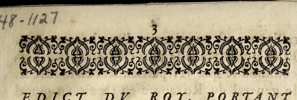 An illustration from Edict du roy, par lequel Sa Majesté deffend à tous ses subjects, de quelque sexe, âge, condition, & qualité qu'ils soient, de porter ny vser aucuns passements poincts-couppez, & dentelles, sur les peines y contenuës., 1626, leaf 3