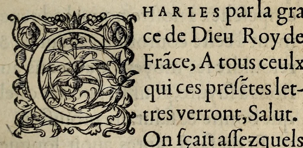 An illustration from Edict du roy Charles Nevfieme de ce nom : faict par le conseil & aduis de la roine sa mere, du roy de Nauarre, des princes du sa[n]g, & seigneurs du conseil priué: appelez auec eux aucuns presidens & principaux conseillers des Cours souueraines de ce royaume: sur les moye[n]s les plus propres d'appaiser les troubles & seditio[n]s suruenus pour le faict de la religion., 1562, leaf 3