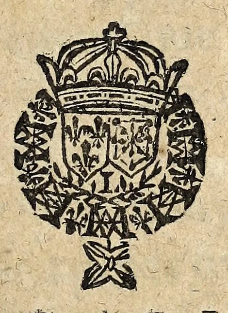 An illustration from Edict du roy portant nouvelle fabrication d'especes d'argent: augmentation du marc d'argent le roy, & des quarts d'escu, testons, & francs aux coins & armes de sa maiesté estans de leur juste poides: & continuation du cours des especes d'argent legers avec le remede des grains, jusques au dernier Mars prochain; & outre un droit de Seigneuriage sur les ouvrages d'Orfeurerie, & Tireurs d'or: Avec un nouvelle evaluation ..., 1641, leaf 1
