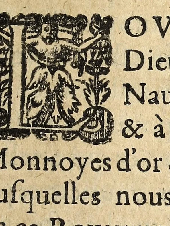 An illustration from Edict du roy portant nouvelle fabrication d'especes d'argent: augmentation du marc d'argent le roy, & des quarts d'escu, testons, & francs aux coins & armes de sa maiesté estans de leur juste poides: & continuation du cours des especes d'argent legers avec le remede des grains, jusques au dernier Mars prochain; & outre un droit de Seigneuriage sur les ouvrages d'Orfeurerie, & Tireurs d'or: Avec un nouvelle evaluation ..., 1641, leaf 3