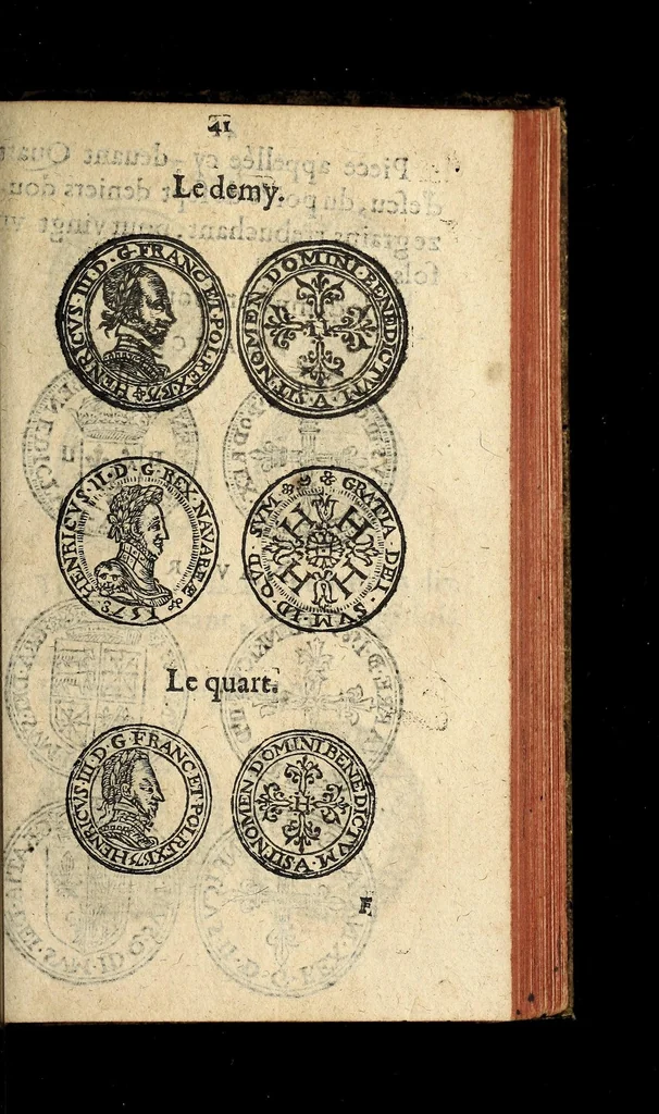 An illustration from Edict du roy portant nouvelle fabrication d'especes d'argent: augmentation du marc d'argent le roy, & des quarts d'escu, testons, & francs aux coins & armes de sa maiesté estans de leur juste poides: & continuation du cours des especes d'argent legers avec le remede des grains, jusques au dernier Mars prochain; & outre un droit de Seigneuriage sur les ouvrages d'Orfeurerie, & Tireurs d'or: Avec un nouvelle evaluation ..., 1641, leaf 41