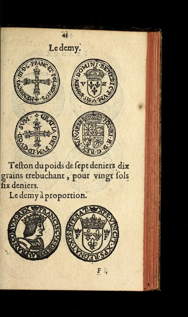 An illustration from Edict du roy portant nouvelle fabrication d'especes d'argent: augmentation du marc d'argent le roy, & des quarts d'escu, testons, & francs aux coins & armes de sa maiesté estans de leur juste poides: & continuation du cours des especes d'argent legers avec le remede des grains, jusques au dernier Mars prochain; & outre un droit de Seigneuriage sur les ouvrages d'Orfeurerie, & Tireurs d'or: Avec un nouvelle evaluation ..., 1641, leaf 43