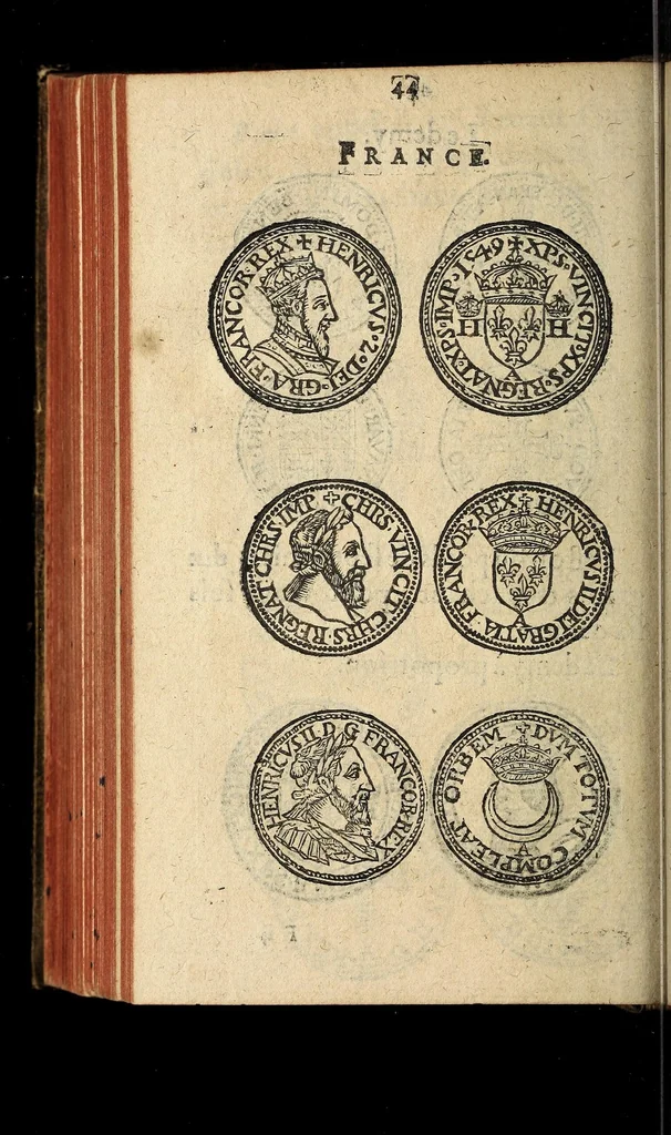 An illustration from Edict du roy portant nouvelle fabrication d'especes d'argent: augmentation du marc d'argent le roy, & des quarts d'escu, testons, & francs aux coins & armes de sa maiesté estans de leur juste poides: & continuation du cours des especes d'argent legers avec le remede des grains, jusques au dernier Mars prochain; & outre un droit de Seigneuriage sur les ouvrages d'Orfeurerie, & Tireurs d'or: Avec un nouvelle evaluation ..., 1641, leaf 44