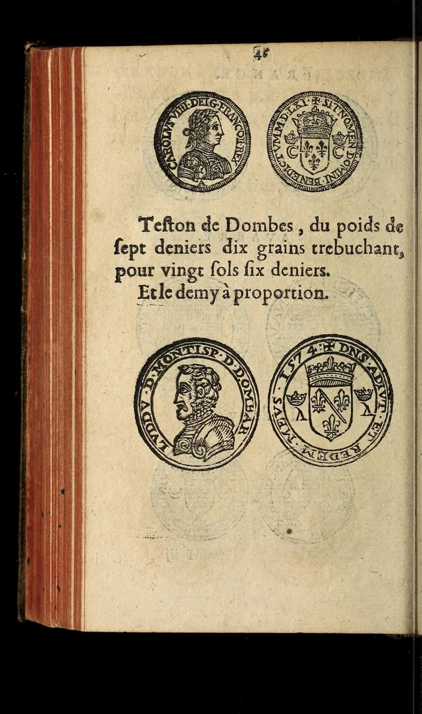 An illustration from Edict du roy portant nouvelle fabrication d'especes d'argent: augmentation du marc d'argent le roy, & des quarts d'escu, testons, & francs aux coins & armes de sa maiesté estans de leur juste poides: & continuation du cours des especes d'argent legers avec le remede des grains, jusques au dernier Mars prochain; & outre un droit de Seigneuriage sur les ouvrages d'Orfeurerie, & Tireurs d'or: Avec un nouvelle evaluation ..., 1641, leaf 46