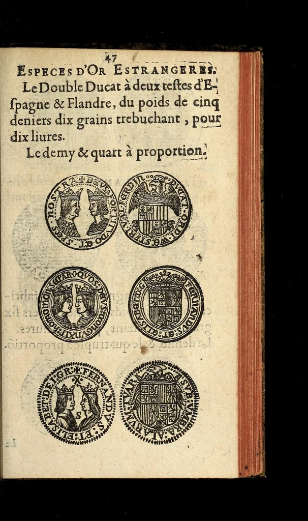 An illustration from Edict du roy portant nouvelle fabrication d'especes d'argent: augmentation du marc d'argent le roy, & des quarts d'escu, testons, & francs aux coins & armes de sa maiesté estans de leur juste poides: & continuation du cours des especes d'argent legers avec le remede des grains, jusques au dernier Mars prochain; & outre un droit de Seigneuriage sur les ouvrages d'Orfeurerie, & Tireurs d'or: Avec un nouvelle evaluation ..., 1641, leaf 47