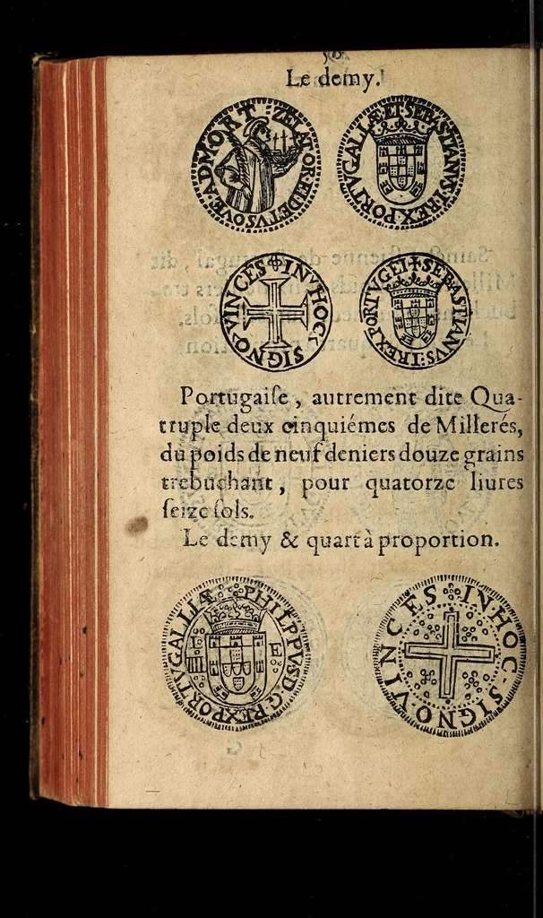 An illustration from Edict du roy portant nouvelle fabrication d'especes d'argent: augmentation du marc d'argent le roy, & des quarts d'escu, testons, & francs aux coins & armes de sa maiesté estans de leur juste poides: & continuation du cours des especes d'argent legers avec le remede des grains, jusques au dernier Mars prochain; & outre un droit de Seigneuriage sur les ouvrages d'Orfeurerie, & Tireurs d'or: Avec un nouvelle evaluation ..., 1641, leaf 50