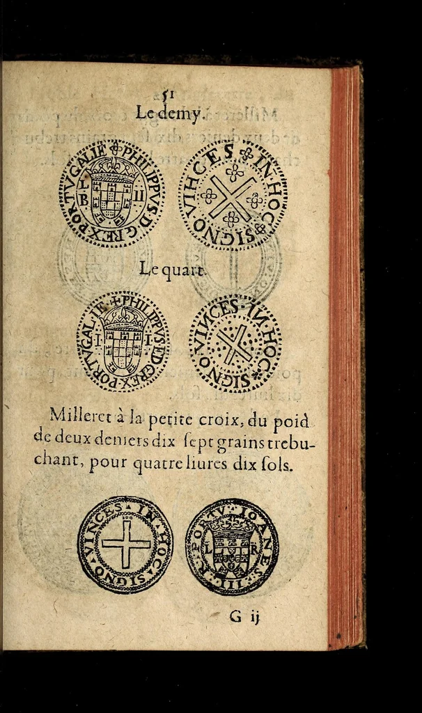 An illustration from Edict du roy portant nouvelle fabrication d'especes d'argent: augmentation du marc d'argent le roy, & des quarts d'escu, testons, & francs aux coins & armes de sa maiesté estans de leur juste poides: & continuation du cours des especes d'argent legers avec le remede des grains, jusques au dernier Mars prochain; & outre un droit de Seigneuriage sur les ouvrages d'Orfeurerie, & Tireurs d'or: Avec un nouvelle evaluation ..., 1641, leaf 51
