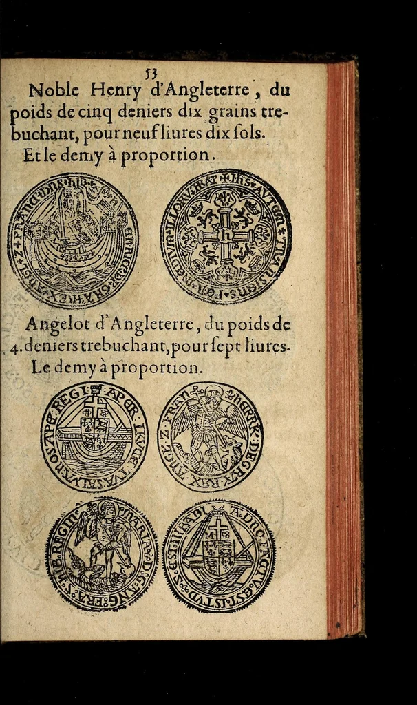 An illustration from Edict du roy portant nouvelle fabrication d'especes d'argent: augmentation du marc d'argent le roy, & des quarts d'escu, testons, & francs aux coins & armes de sa maiesté estans de leur juste poides: & continuation du cours des especes d'argent legers avec le remede des grains, jusques au dernier Mars prochain; & outre un droit de Seigneuriage sur les ouvrages d'Orfeurerie, & Tireurs d'or: Avec un nouvelle evaluation ..., 1641, leaf 53